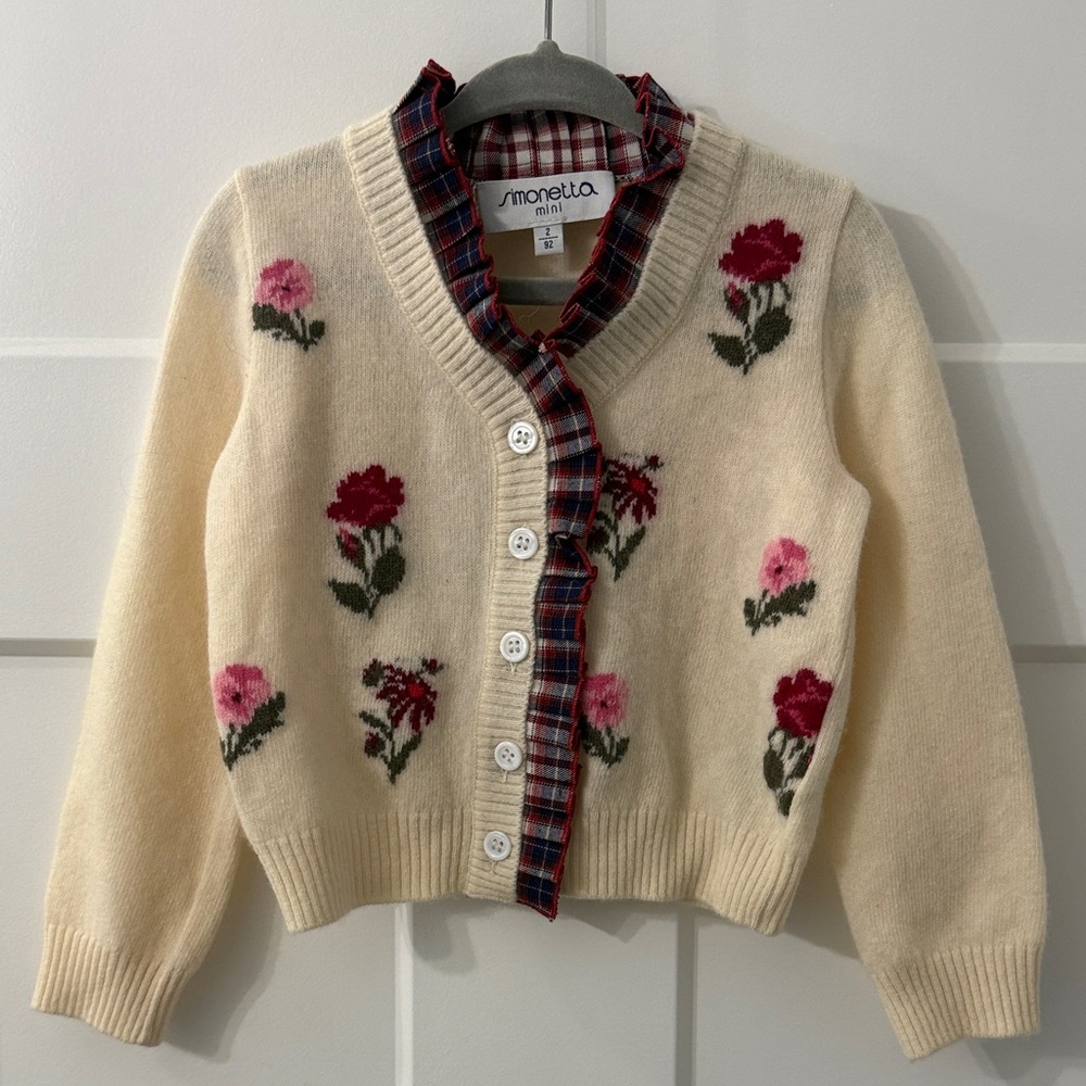 Wool Simonetta Cream Cardigan with Pink and Red Floral Design